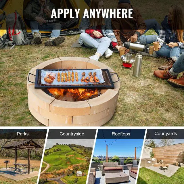 Alt view image 6 of 7 - VEVOR X-Marks Fire Pit Grill Grate, Rectangle Cooking Grate, Heavy Duty Steel Campfire BBQ Grill Grid with Handle & Support X Wire, Portable Camping Cookware for Outside Party Gathering, 32 Inch Black