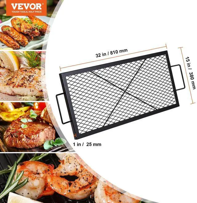 Alt view image 7 of 7 - VEVOR X-Marks Fire Pit Grill Grate, Rectangle Cooking Grate, Heavy Duty Steel Campfire BBQ Grill Grid with Handle & Support X Wire, Portable Camping Cookware for Outside Party Gathering, 32 Inch Black