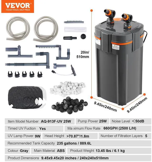 Alt view image 7 of 7 - VEVOR Aquarium Filter 660GPH, 5-Stage Canister Filter 235 Gallon, Ultra-Quiet Internal Aquarium Filter with UV Protection, Submersible Power Filter with Multiple Function for Fish Tanks, 25W