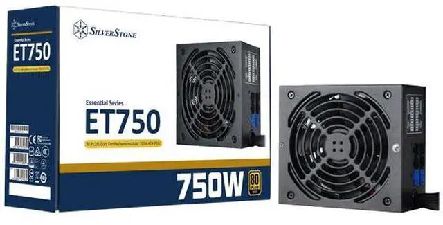 Main image of SilverStone Essential Series ET750-HG 750W 80 PLUS Gold Semi-Modular ATX Power Supply, Silent 140mm Fan, Single +12V Rail, All-Black Flat Cables