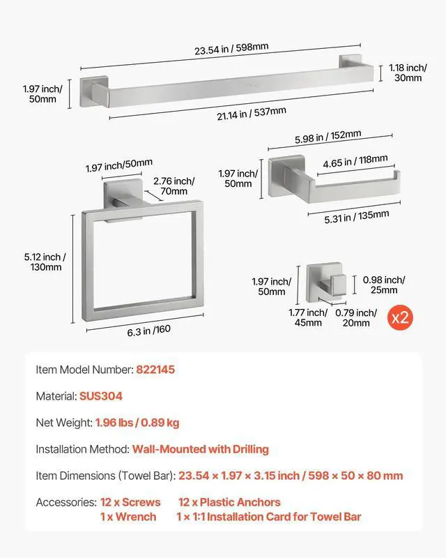 Alt view image 7 of 7 - VEVOR 5 Pcs Towel Bar Set Bathroom Hardware Set Brushed Nickel Bath Accessories