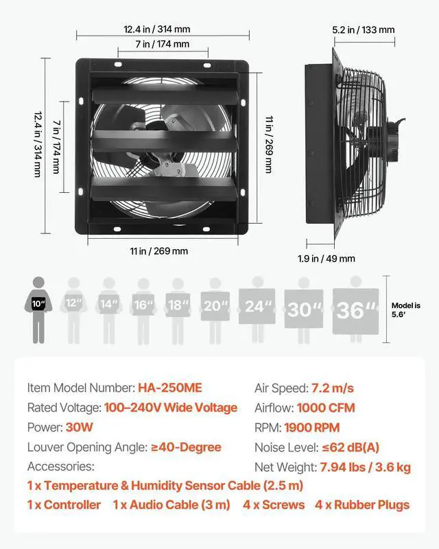 Alt view image 7 of 7 - VEVOR 10 in Shutter Exhaust Fan with Smart Programming Controller Wall Mount