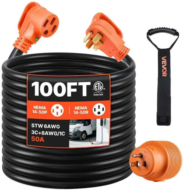 Main image of 100 FT 50A RV Extension Cord STW 6/3 +8/1 Gauge Wire NEMA 14-50P NEMA 14-50R ETL