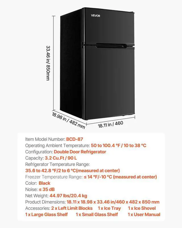 Alt view image 7 of 7 - VEVOR Mini Fridge with Freezer 3.2 Cu.Ft Two Door Compact Refrigerator Black