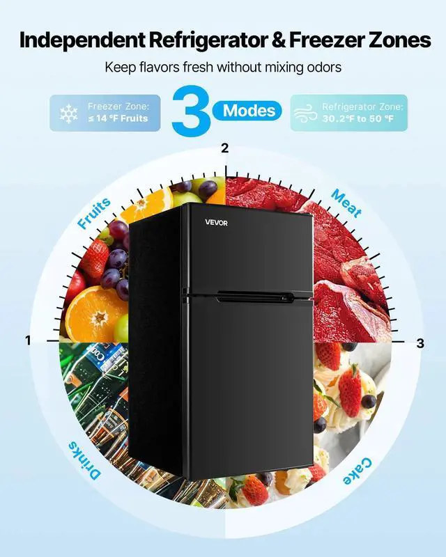 Alt view image 4 of 7 - VEVOR Mini Fridge with Freezer 3.2 Cu.Ft Two Door Compact Refrigerator Black