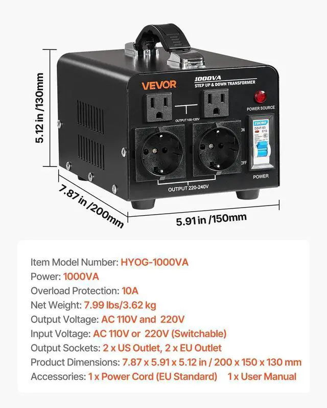 Alt view image 7 of 7 - VEVOR Voltage Converter Transformer 1000VA Step Up/Down 110 to 220V/220 to 110V