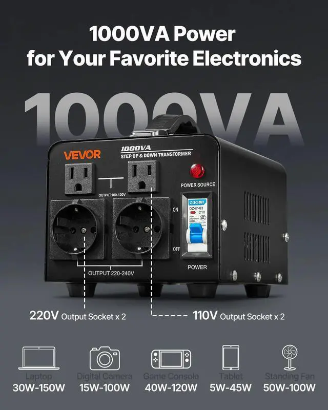 Alt view image 4 of 7 - VEVOR Voltage Converter Transformer 1000VA Step Up/Down 110 to 220V/220 to 110V