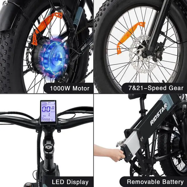 Alt view image 4 of 7 - Electric Bike for Adults Foldable 1000W Motor,26 MPH 48V/14Ah 20'' x 4.0 Fat Tire Removable Battery Assist Bicycle with Shimano 7-Speed Snow Beach Mountain Ebikes black
