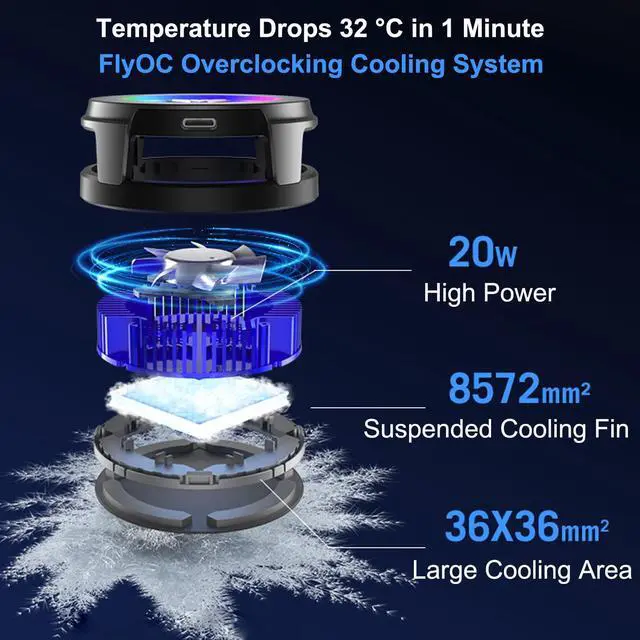 Alt view image 2 of 6 - Flydigi B6X Magnetic Cellphone Cooler, Powerful 20W Intelligent Frequency Conversion Temperature Control, Prevent Condensate, Larger 36x36mm Cooling Area, Portable Cooling Fan for Phone/Tablet/Ipad