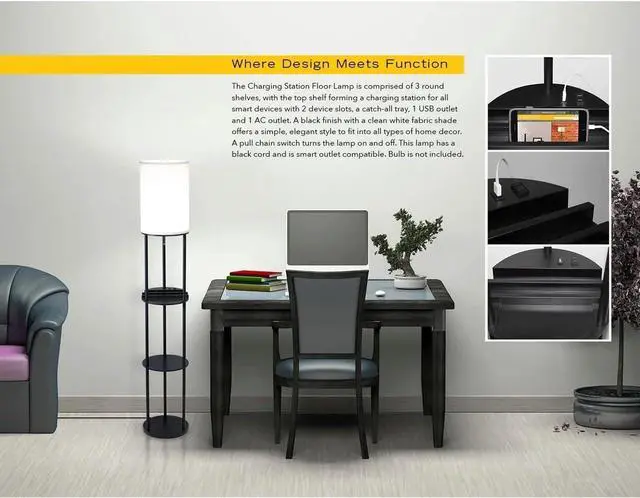 Alt view image 2 of 7 - Adesso 3116-01 USB & AC Charging Station Floor Night Lamp with 2 Storage Shelves and Device Holders Black, 63"