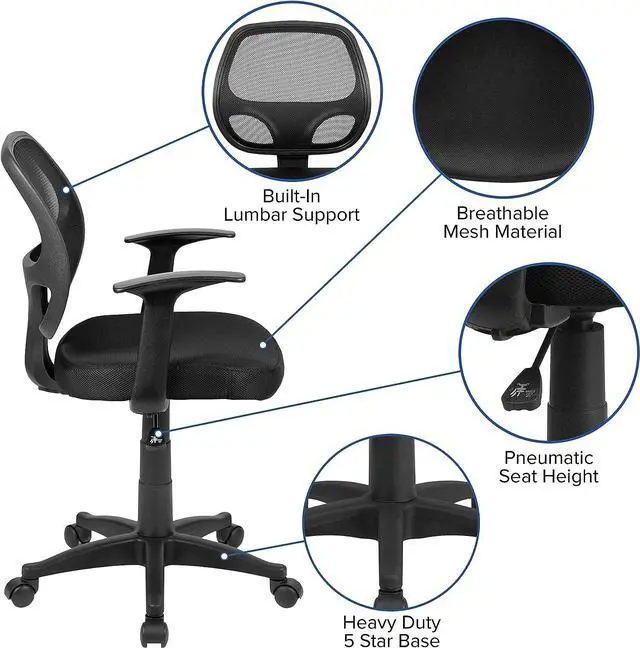 Alt view image 4 of 7 - Flash Furniture Mallard Mid-Back Swivel Mesh Office Chair with Padded Seat and T-Arms, Height-Adjustable Ergonomic Padded Office Desk Chair, Black