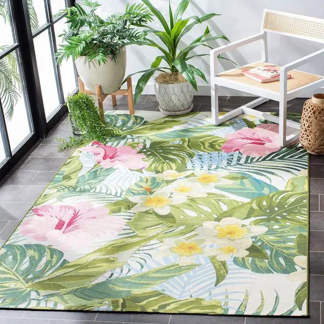 Main image of SAFAVIEH Washable Rug Outdoor Barbados Collection - 4' x 6', Green & Pink, Non-Shedding & Easy to Clean, Ideal for Patio, Backyard, Mudroom (BAR516X)