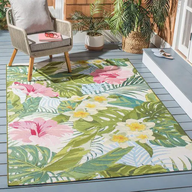 Alt view image 2 of 6 - SAFAVIEH Washable Rug Outdoor Barbados Collection - 4' x 6', Green & Pink, Non-Shedding & Easy to Clean, Ideal for Patio, Backyard, Mudroom (BAR516X)