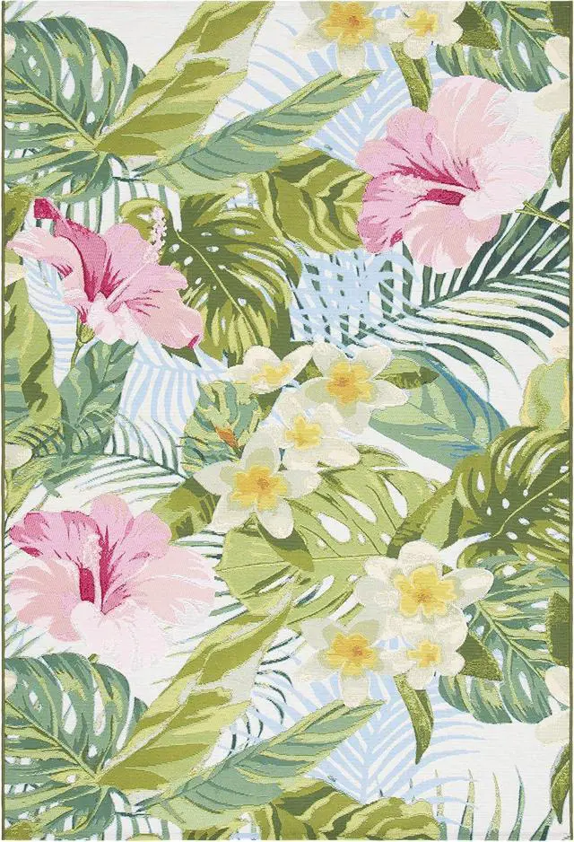 Alt view image 3 of 6 - SAFAVIEH Washable Rug Outdoor Barbados Collection - 4' x 6', Green & Pink, Non-Shedding & Easy to Clean, Ideal for Patio, Backyard, Mudroom (BAR516X)