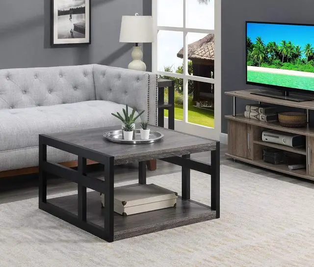 Alt view image 2 of 7 - Convenience Concepts Monterey Square Coffee Table with Shelf, Weathered Gray/Black