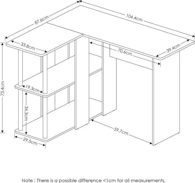 Alt view image 3 of 6 - Furinno Abbott L-Shape Computer Desk with Bookshelf, French Oak Grey/Black