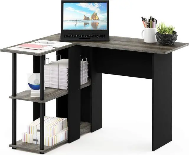 Alt view image 6 of 6 - Furinno Abbott L-Shape Computer Desk with Bookshelf, French Oak Grey/Black