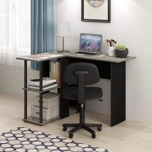 Alt view image 2 of 6 - Furinno Abbott L-Shape Computer Desk with Bookshelf, French Oak Grey/Black