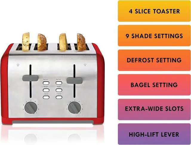 Alt view image 3 of 7 - Kenmore Toaster 4 Slice - Extra Wide Slot Countertop Kitchen Appliance, Defrost Function, Grille-Pain, 9 Shade Settings, Compact Design, Easy Clean Crumb Tray, Bread Bagel, Stainless Steel & Red