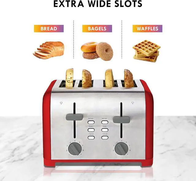 Alt view image 5 of 7 - Kenmore Toaster 4 Slice - Extra Wide Slot Countertop Kitchen Appliance, Defrost Function, Grille-Pain, 9 Shade Settings, Compact Design, Easy Clean Crumb Tray, Bread Bagel, Stainless Steel & Red
