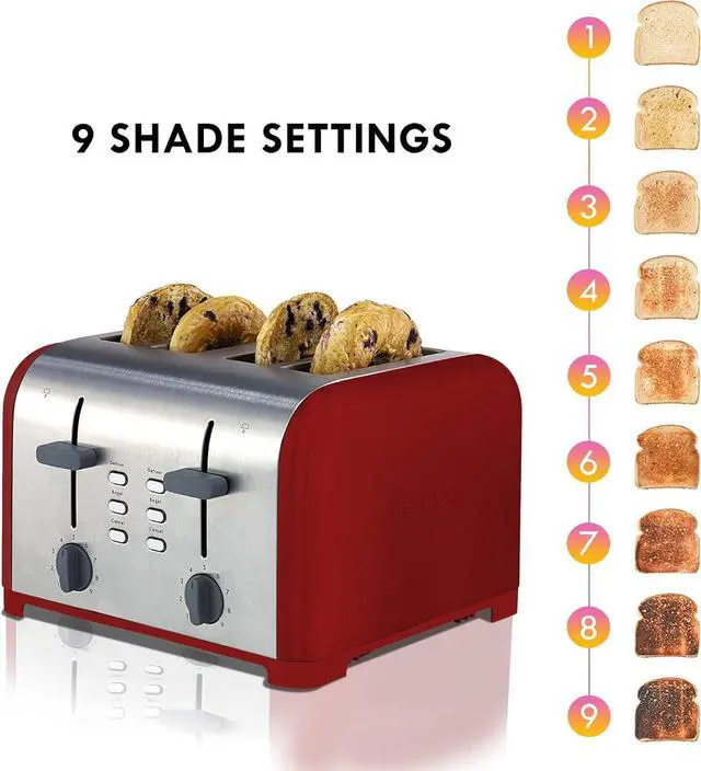 Alt view image 4 of 7 - Kenmore Toaster 4 Slice - Extra Wide Slot Countertop Kitchen Appliance, Defrost Function, Grille-Pain, 9 Shade Settings, Compact Design, Easy Clean Crumb Tray, Bread Bagel, Stainless Steel & Red