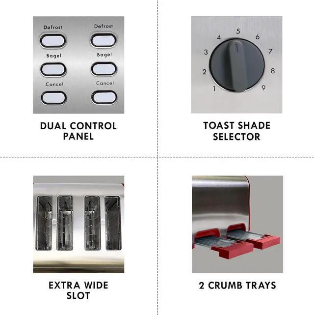 Alt view image 6 of 7 - Kenmore Toaster 4 Slice - Extra Wide Slot Countertop Kitchen Appliance, Defrost Function, Grille-Pain, 9 Shade Settings, Compact Design, Easy Clean Crumb Tray, Bread Bagel, Stainless Steel & Red
