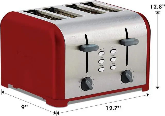 Alt view image 7 of 7 - Kenmore Toaster 4 Slice - Extra Wide Slot Countertop Kitchen Appliance, Defrost Function, Grille-Pain, 9 Shade Settings, Compact Design, Easy Clean Crumb Tray, Bread Bagel, Stainless Steel & Red