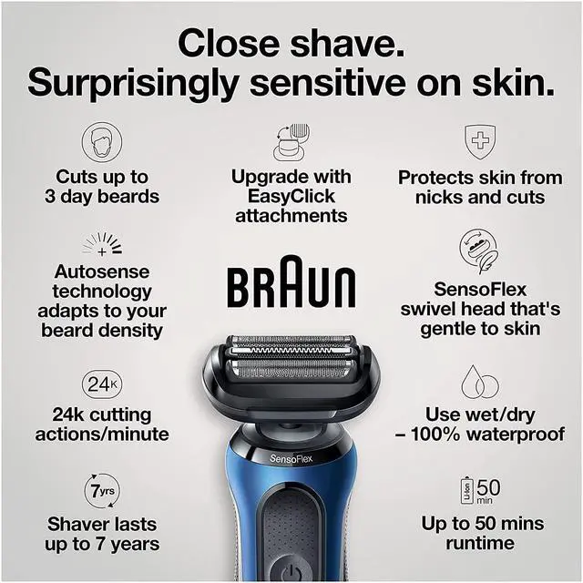 Alt view image 2 of 7 - Braun Series 6 6095cc Electric Razor for Men with SmartCare Center, Beard Trimmer, Stubble Beard Trimmer, Cleansing Brush, Wet & Dry, Rechargeable, Cordless Foil Shaver, Blue