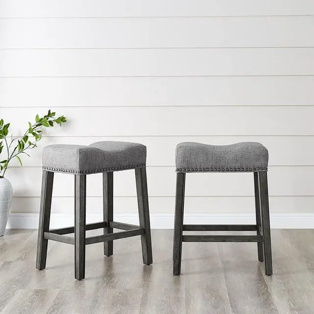 Alt view image 7 of 7 - Roundhill Furniture Coco Upholstered Backless Saddle Seat Counter Stools 25.5" Height, Set of 2, Gray
