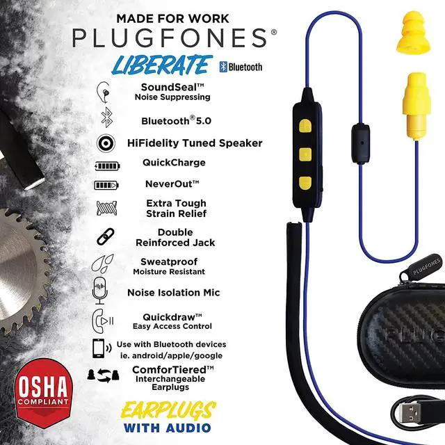Alt view image 5 of 7 - Plugfones Liberate 2.0 Wireless Bluetooth in-Ear Earplug Earbuds- 29NRR Noise Reduction Headphones with Noise Isolating Mic and Controls (Blue & Yellow)