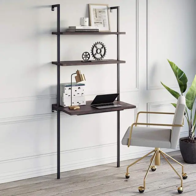 Main image of Nathan James Theo 2-Shelf Industrial Wall Mount Ladder Table, Small Computer or Writing Desk, Nutmeg/Matte Black