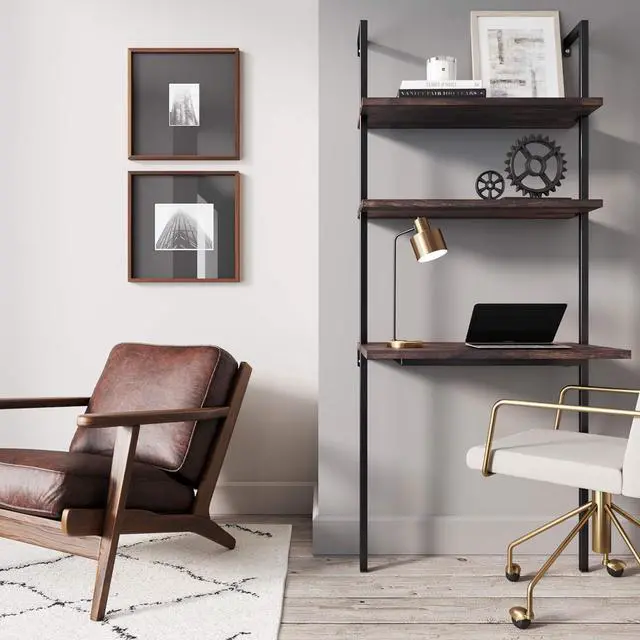 Alt view image 2 of 7 - Nathan James Theo 2-Shelf Industrial Wall Mount Ladder Table, Small Computer or Writing Desk, Nutmeg/Matte Black