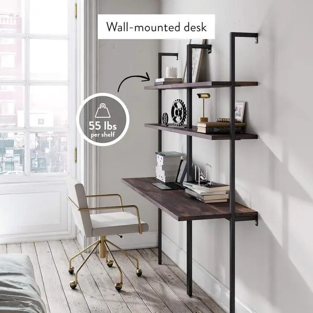 Alt view image 4 of 7 - Nathan James Theo 2-Shelf Industrial Wall Mount Ladder Table, Small Computer or Writing Desk, Nutmeg/Matte Black
