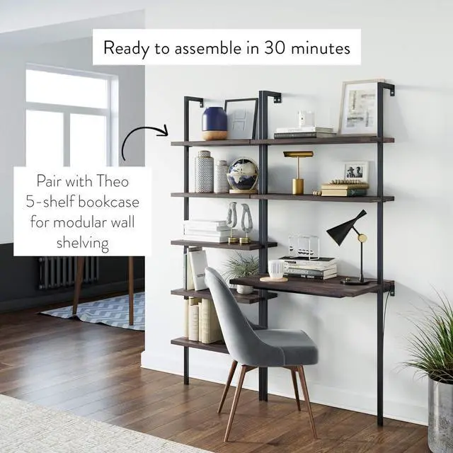 Alt view image 5 of 7 - Nathan James Theo 2-Shelf Industrial Wall Mount Ladder Table, Small Computer or Writing Desk, Nutmeg/Matte Black