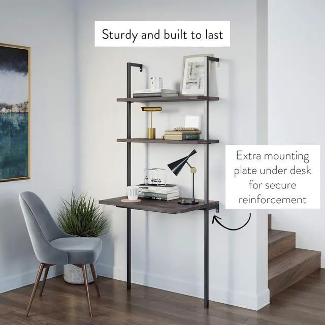 Alt view image 6 of 7 - Nathan James Theo 2-Shelf Industrial Wall Mount Ladder Table, Small Computer or Writing Desk, Nutmeg/Matte Black