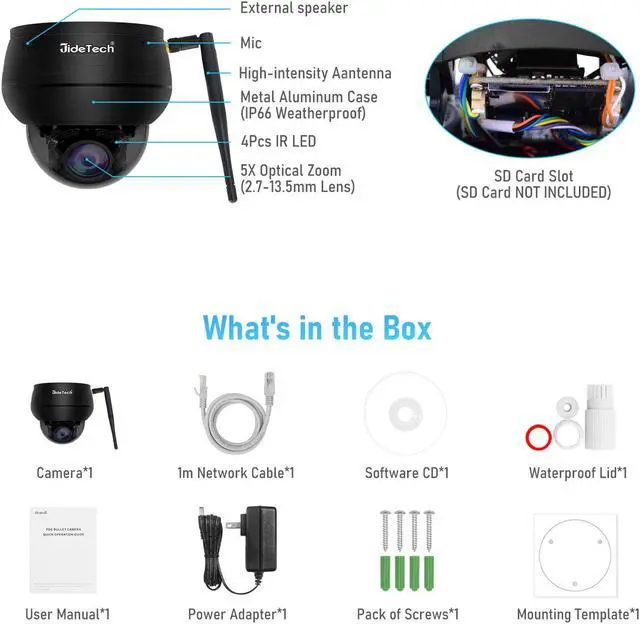 Alt view image 6 of 6 - JideTech 5MP surveillance camera outdoor WiFi, PTZ IP WiFi dome camera outdoor, 355°/90° swiveling, 5X optical zoom, 2-way audio, 20m IR night vision, IP66, supports 128GB SD cards