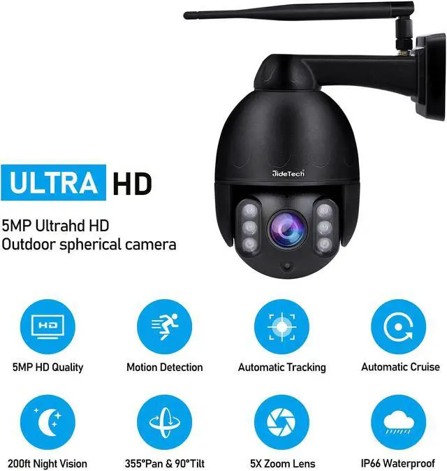 Alt view image 2 of 7 - JideTech 5 x Optical Zoom 5MP Outdoor WiFi Surveillance Camera, PTZ WiFi IP Camera, Outdoor, Rotating 355°/90°, Color Night Vision 50-80m, Personal Detection, Auto Tracking, 2-way Audio, IP66/Black