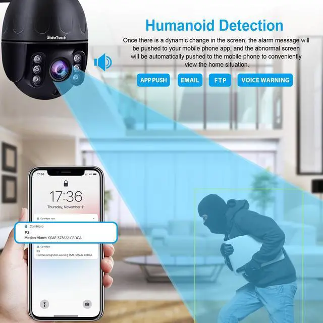 Alt view image 3 of 7 - JideTech 5 x Optical Zoom 5MP Outdoor WiFi Surveillance Camera, PTZ WiFi IP Camera, Outdoor, Rotating 355°/90°, Color Night Vision 50-80m, Personal Detection, Auto Tracking, 2-way Audio, IP66/Black