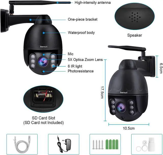 Alt view image 4 of 7 - JideTech 5 x Optical Zoom 5MP Outdoor WiFi Surveillance Camera, PTZ WiFi IP Camera, Outdoor, Rotating 355°/90°, Color Night Vision 50-80m, Personal Detection, Auto Tracking, 2-way Audio, IP66/Black