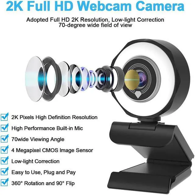 Alt view image 3 of 7 - JideTech Webcam with Microphone, 4MP FHD 30fps USB Streaming Ring Light Webcam with Tripod, Computer Camera Plug and Play Facecam for Windows/Mac (2K)