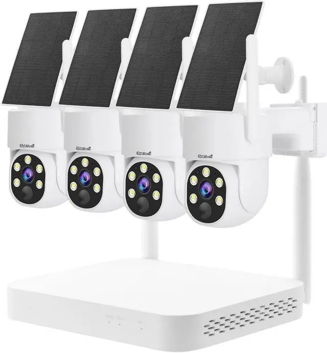 Main image of JideTech Solar Security Cameras Wireless Outdoor System | 4pcs 2K Ultr Pan Tilt Home Solar Security Camera with Human Detection, Spotlight | 4CH Smart NVR, 60 Days Local Storage, 0 Monthly Fee