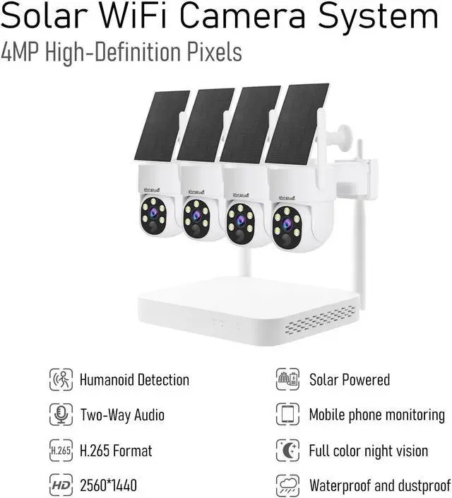 Alt view image 2 of 7 - JideTech Solar Security Cameras Wireless Outdoor System | 4pcs 2K Ultr Pan Tilt Home Solar Security Camera with Human Detection, Spotlight | 4CH Smart NVR, 60 Days Local Storage, 0 Monthly Fee