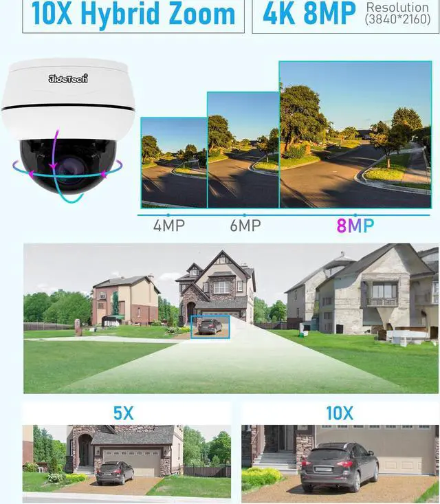 Alt view image 2 of 7 - JideTech 10X Hybrid Zoom Outdoor 4K 8MP PTZ PoE IP Dome Camera, Auto Tracking, Pan Tilt Camera with IR Night Vision, Human/Vehicle Detection, Two Way Talk, SD Card Slot, Compatible for Hikvision, IP66