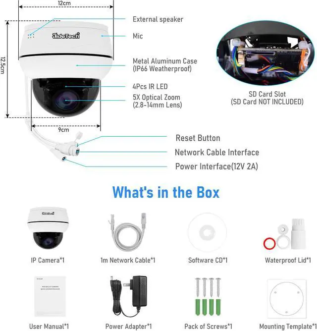 Alt view image 7 of 7 - JideTech 10X Hybrid Zoom Outdoor 4K 8MP PTZ PoE IP Dome Camera, Auto Tracking, Pan Tilt Camera with IR Night Vision, Human/Vehicle Detection, Two Way Talk, SD Card Slot, Compatible for Hikvision, IP66