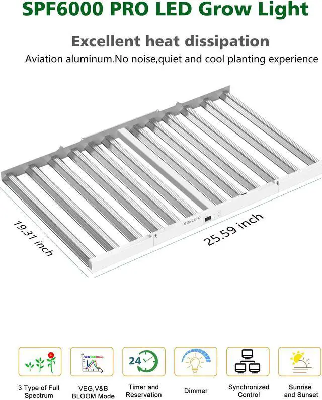 Alt view image 4 of 7 - 2024 New SPF6000 PRO 600W LED Grow Light 6x6ft Coverage with Veg & Bloom Dimmer Timer Full Spectrum Grow Lamps for Indoor Plants Seeding Flowering LED Plant Light Fixture