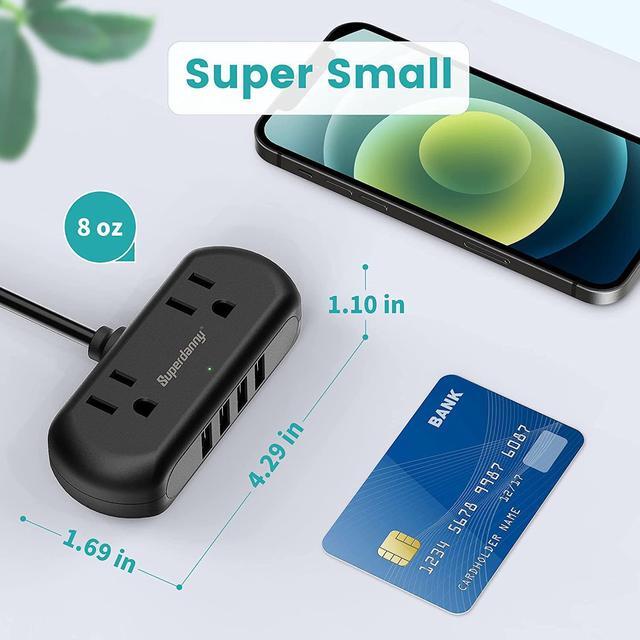 Alt view image 4 of 7 - SUPERDANNY Mini Power Strip Surge Protector with USB Ports 2 Wide-Spaced Outlets 5 Ft Extension Cord Flat Plug