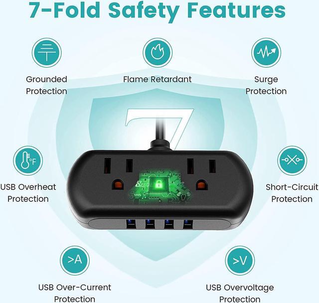 Alt view image 5 of 7 - SUPERDANNY Mini Power Strip Surge Protector with USB Ports 2 Wide-Spaced Outlets 5 Ft Extension Cord Flat Plug