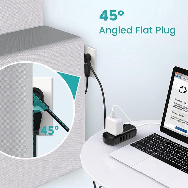 Alt view image 6 of 7 - SUPERDANNY Mini Power Strip Surge Protector with USB Ports 2 Wide-Spaced Outlets 5 Ft Extension Cord Flat Plug