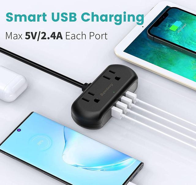 Alt view image 7 of 7 - SUPERDANNY Mini Power Strip Surge Protector with USB Ports 2 Wide-Spaced Outlets 5 Ft Extension Cord Flat Plug