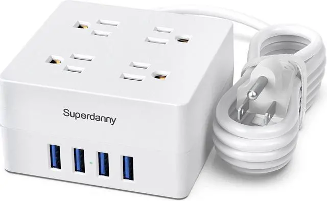 Main image of SUPERDANNY Power Strip Surge Protector 5 Ft Extension Cord with 4 Outlets & 4 USBs 900 Joules Overload Switch Grounded Mountable Desktop Charging Station